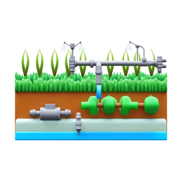 A farm irrigation system with pipes and valves. Water is being drawn back into the main line, creating a flow effect. The setting includes green fields and crops surrounding the irrigation setup. Various elements such as sprinklers and connectors are visible along the system, emphasizing its functionality. Blue water is depicted flowing through the transparent sections of the pipes.