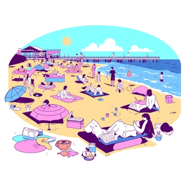 A vibrant scene of a crowded beach on Lake Michigan filled with sunbathers and swimmers. The sandy beach is dotted with colorful beach towels and umbrellas, creating a lively atmosphere. Groups of people are lounging, some reading books, while others are applying sunscreen. Children are building sandcastles near the water's edge, and several swimmers are splashing in the blue waves of the lake. In the background, people are walking along a wooden boardwalk, and a few have set up picnic areas with coolers and snacks. The sun is shining brightly overhead, casting playful shadows across the bustling beach.