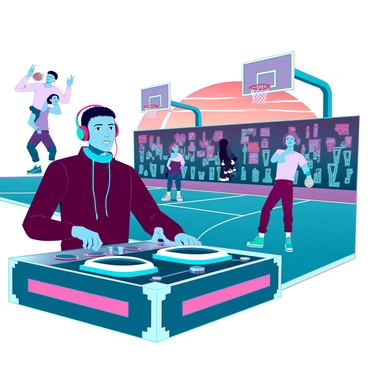 A DJ with short hair and wearing headphones stands behind a set of futuristic turntables. He has a vibrant expression as he mixes music, surrounded by colorful lights and holographic displays. Nearby, a street basketball court is buzzing with energy, where players are engaged in an intense game. The court is marked by bright lines and graffiti-style art on the surrounding walls. Baskets are in view, with players in dynamic poses, dribbling and shooting the ball. The overall scene captures an energetic urban vibe, with excited onlookers dancing to the beats, and the sun setting in the background, casting an orange hue over the setting.