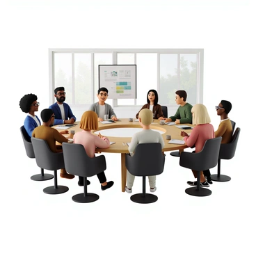 A diverse team of six individuals gathered around a large, oval wooden table. The team members include a Black woman with curly hair wearing a blue blazer, a Hispanic man sporting a beard in a white shirt, an Asian woman with straight hair dressed in a green sweater, a Middle-Eastern man in a grey t-shirt, a Caucasian woman with short blonde hair donning a pink blouse, and a Black man with glasses in a brown jacket. They are all engaged in animated discussion, with papers and digital devices scattered across the table. In the center of the table, there is a noticeable gap where a large poster or plan is absent, highlighting a missing key element in their brainstorming session. The room is bright and has large windows allowing natural light to flood in, creating a productive atmosphere.