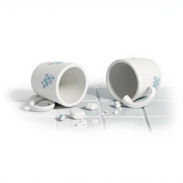 A mug broken in half on a tiled kitchen floor