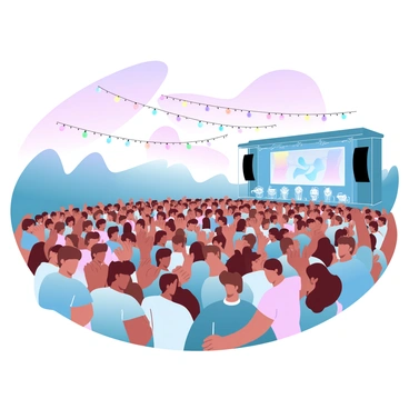 A large crowd of people is gathered at an outdoor music festival. The crowd features individuals wearing colorful clothing, some holding drinks, while others dance to the music. Strings of lights are strung above the audience, casting a warm glow. A large stage is visible in the background, with vibrant banners and musical instruments positioned on it. An evening sky with gradient pastel colors transitions from light pink to soft purple above the festival, creating a lively atmosphere.