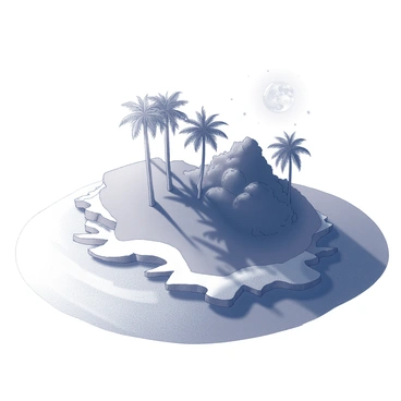 An island with one half illuminated by the sun's rays and the other under the midnight moon