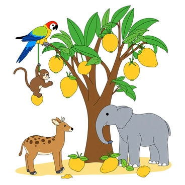 A variety of jungle animals are gathered around a large mango tree. There is a colorful parrot perched on a low branch, looking down at the ripe mangoes hanging from the tree. A curious monkey swings from a nearby branch, reaching out to grab a mango with its hand. On the ground, a small deer with brown spots sniffs the air, while a playful young elephant stands beside it, flapping its ears. Bright green leaves surround the scene, and the ground is dotted with fallen mangoes, adding to the vibrant atmosphere. The animals all gaze up at the fruits with interest, creating a lively and engaging tableau.