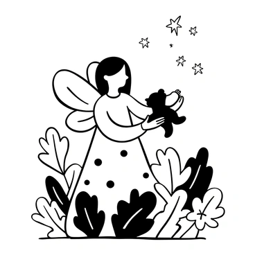 A fairy with delicate wings is gently holding a small, curious animal in her hands. The fairy is wearing a flowing dress adorned with intricate floral patterns. The small animal, resembling a tiny creature with soft fur, appears intrigued by its surroundings. The setting is filled with leaves and flowers, creating a natural ambiance. Above them, a few sparkling stars are visible, adding a touch of enchantment to the scene.