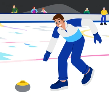 A curling player wearing a blue and white uniform is sliding a stone across a shiny ice rink. The player has a focused expression on their face, showcasing determination and concentration. Their right arm is extended forward, guiding the curling stone as it glides smoothly. The ice surface has a glossy sheen, reflecting the overhead lights. In the background, a few blurred figures of teammates can be seen, cheering and observing the play, while bright colored lines mark the curling lanes on the ice.
