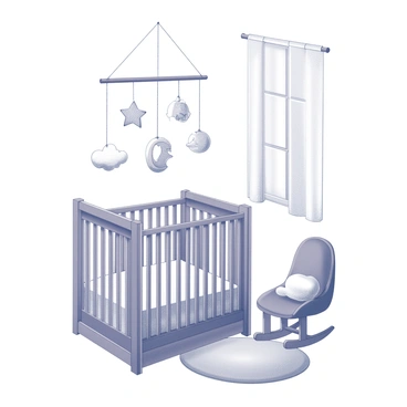 A baby mobile hanging from the ceiling above a crib in a nursery. The mobile features various shapes such as stars, moons, and clouds, all suspended from delicate strings. Each shape is designed with intricate patterns and textures. The crib is wooden, with slats allowing for a clear view of the mobile. The nursery has soft furnishings like a plush rug and a comfortable rocking chair nearby. Light filters through a window, casting gentle shadows in the room.