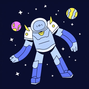 A futuristic golem floating in space, surrounded by stars and planets.