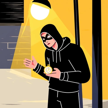 A thief wearing a black hoodie and a mask stands beneath a yellow streetlamp, which casts a warm glow over the scene. The thief holds a shiny, ornate pocket watch, admiring its intricate design and reflective surface. Shadows from the streetlamp create a dramatic effect on the pavement, highlighting the thief's focused expression. In the background, a faint silhouette of a brick wall adds context to the urban setting. The scene captures a moment of thrill and secrecy.