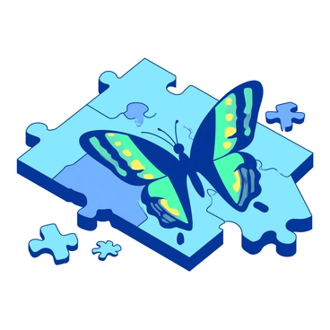A blue jigsaw puzzle featuring a detailed image of a papillon butterfly, with vibrant interlocking pieces. The butterfly has its wings spread wide, showcasing intricate patterns in various shades. Each piece of the puzzle captures a different section of the butterfly, highlighting colors of teal and yellow. The puzzle is partially assembled, with some pieces scattered around, creating a dynamic composition.