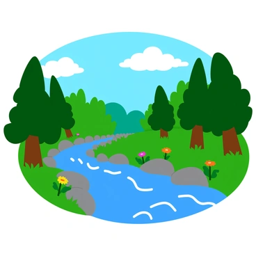 A vibrant forest with tall, green trees and lush foliage surrounds a flowing river. The river has clear blue water that sparkles under the sunlight. Gentle ripples create small waves as the water flows over smooth stones. A few colorful wildflowers are scattered along the riverbank, adding pops of color to the scene. The sky above is a bright blue with fluffy white clouds drifting by. The entire composition captures the beauty of nature in a lively and inviting manner.