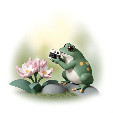 A small green frog, with bright yellow spots on its back, is sitting on a moss-covered rock. The frog holds a tiny vintage camera in its webbed hands, aiming it towards a cluster of colorful spring blossoms. The blossoms are pink and white, blooming vibrantly against a blurred background of lush greenery. The frog's eyes are wide with curiosity, and its mouth is slightly open in excitement as it captures the beauty of the flowers. Sunlight filters through the leaves above, casting delicate shadows around the scene.