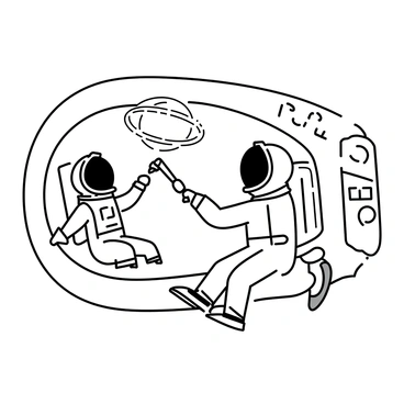 Two cartoon astronauts are floating inside a spaceship. One astronaut is wearing a classic space suit with a large helmet and is reaching for a floating tool, while the other is looking out of a window. The spaceship features various control panels and buttons. Outside the window, a large, colorful planet can be seen, with visible rings and swirling patterns. The scene captures the playful essence of space exploration.
