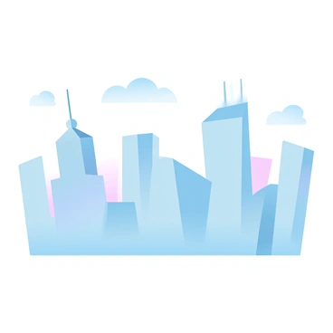 A city skyline featuring tall buildings, each outlined with minimal lines creating sharp angles and geometric shapes. The structures vary in height and style, ranging from narrow towers to wider blocks. A few small clouds are visible above the skyline. The background consists of a gradient of pastel colors blending harmoniously, enhancing the simplicity and clarity of the cityscape.
