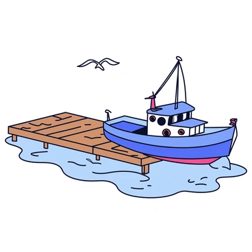 An old fishing boat with peeling blue paint is tethered to a worn-out wooden dock. The boat features rusted metal fixtures and a frayed rope securing it to the dock. The dock is made of weathered planks, showing signs of age with rough surfaces and a few missing boards. There are gentle waves lapping against the side of the boat and the dock. In the background, a few seagulls can be seen flying overhead.