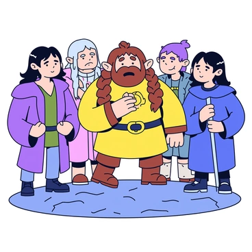 A dwarf named Gimli with a sturdy build and long braided brown hair is holding "the One Ring" in awe. His expression shows a mix of wonder and concern. He stands in a group of friends, including a tall man in a cloak, an elf with pointed ears, and a wizard with a staff. The friends are closely gathered around him, their faces reflecting tension and anticipation. The setting is a rocky terrain with low light, emphasizing the gravity of the moment.