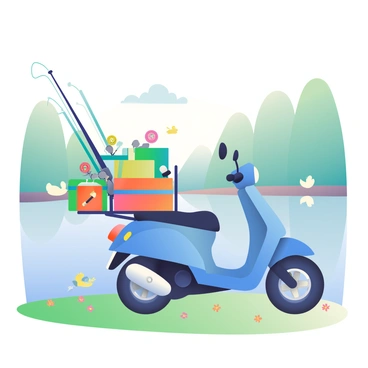 A cargo moped is parked by a lakeside, showcasing its sturdy frame and vibrant blue paint. The back of the moped is loaded with multiple fishing rods, each with colorful reels and neatly arranged tackle boxes. The tackle boxes are a mix of vivid green and orange, and some are slightly open, revealing various fishing lures and gear inside. The calm lake reflects the surrounding trees, and a few ducks are gliding across the water's surface in the background. The grassy bank is dotted with small wildflowers, adding splashes of color to the scene.