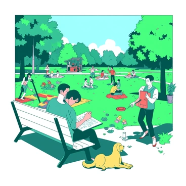 A teal artist is sitting on a white park bench, intently sketching in a notebook. Around the artist, there are various people interacting; a group of children is playing with a red frisbee nearby, while a couple is walking a yellow dog. Lush green trees frame the scene, and colorful flowers bloom in patches across the park. In the background, people are having picnics on colorful blankets, and a performer is playing music, contributing to the lively atmosphere. The sky above is a soft blue, casting a warm glow over the bustling park.