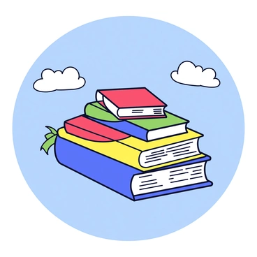 An island composed of giant books stacked on top of one another. Each book has colorful covers, such as red, blue, green, and yellow. The pages of the books are slightly open, fluttering in the wind. The island floats in a bright blue sky, dotted with a few fluffy white clouds. Sunlight illuminates the scene, casting gentle shadows of the books on each other.