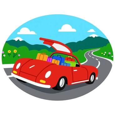 A sleek red Porsche parked on the edge of a scenic highway, gleaming under the sunlight. The car's trunk is wide open, filled with various colorful luggage and travel bags, some stacked neatly while others are slightly askew. The highway stretches into the distance, flanked by lush green hills and vibrant wildflowers on either side. A clear blue sky overhead features a few fluffy white clouds, completing the perfect backdrop for a road trip adventure.
