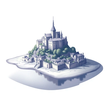 An aerial view of "Mont Saint Michel" prominently positioned on a rocky island. The island features medieval architecture with a towering abbey at its peak, exhibiting intricate spires and stone walls. The surrounding area is characterized by "shimmering waters" that reflect the sunlight, creating a dynamic contrast with the land. The shoreline is visible, with patterns of sand and water marking the tidal changes. Sparse greenery can be seen on the island, complementing the historic structures. The sky above is clear, contributing to the overall bright ambiance of the scene.