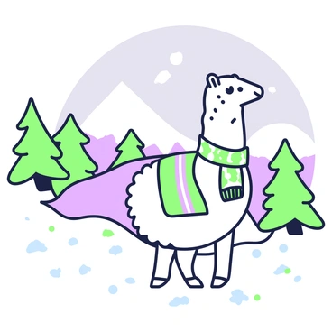 A cozy llama is standing in a snowy winter landscape. The llama is wearing a knitted scarf wrapped around its neck. The fur of the llama is fluffy and textured, contrasting with the soft, white snow beneath its hooves. In the background, there are snow-covered hills and several evergreen trees, their branches laden with snow. Flakes are gently falling from a grey sky, creating a peaceful winter atmosphere.