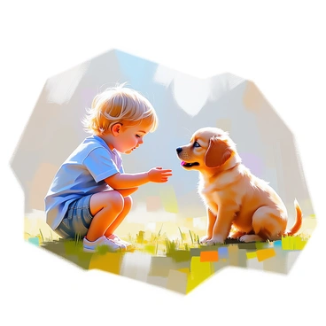 A child cautiously approaching a puppy, with a mix of excitement and nervousness