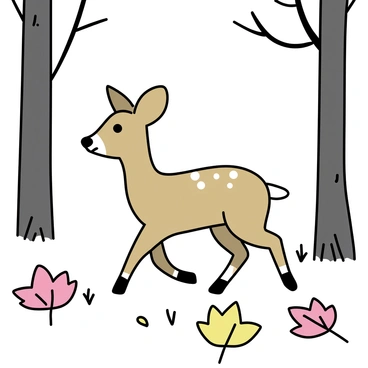 A roe deer with a slender body and short, sturdy legs is walking through a forest. Its fur is a warm brown, and it has white spots along its back. The forest floor is covered with a variety of colorful autumn leaves in shades of red, orange, and yellow. Tree trunks with rough bark rise on either side, and a few branches extend overhead, filtering the sunlight. In the background, faint outlines of trees can be seen, creating a sense of depth in the forest.