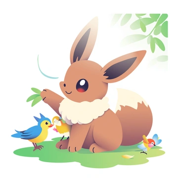 An Eevee with soft brown fur and large, expressive eyes is sitting on a patch of lush green grass. Surrounding the Eevee is a group of rare birds with vibrant plumage, including a bright blue bird with long feathers, a golden-yellow bird with a short beak, and a small red bird perched nearby. The Eevee is playfully pawing at a falling leaf, while the birds curiously tilt their heads, observing the Eevee's movements. Sunlight filters through the branches of nearby trees, casting gentle shadows on the scene.