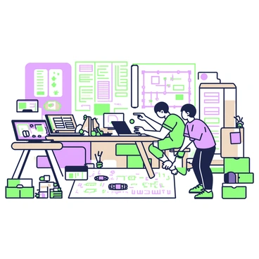 A small startup company is operating from a cluttered garage filled with various tech gadgets. In the corner, there is a wooden workbench covered with tools and components such as circuit boards, wires, and small electronic devices. Several laptops are open, displaying lines of code on their screens. To the side, a whiteboard is filled with diagrams and notes written in green and purple markers. There are cardboard boxes stacked high, filled with gadgets needing assembly. The atmosphere is busy, with two people working together, discussing and pointing at a large blueprint laid out on the floor.