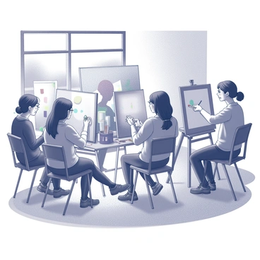 An art classroom filled with students actively engaged in painting. Each student is seated at an easel, focused on their individual canvases. Some students are using brushes to apply paint, while others mix colors on their palettes. The room is filled with various art supplies scattered around, including paint tubes and brushes. Students exhibit a range of expressions, from concentration to excitement. The atmosphere conveys a sense of creativity and communal learning as they share ideas and techniques. The time is indicated by the soft light of the evening filtering through the windows, illuminating the scene.