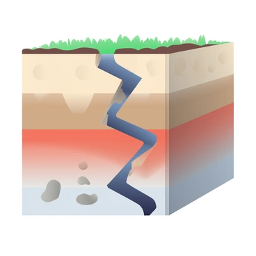 A geological cutaway view displays a normal fault with distinct rock layers. The cutaway reveals various sedimentary layers in shades of brown and beige, showcasing the differences in texture and composition. The fault line is marked by a sharp, jagged crack running through the layers, with one side of the fault dropping lower than the other. Above the layers, a layer of soil and grass is illustrated, providing context to the geological structure. A few small rock fragments are scattered around the base of the fault for added detail.