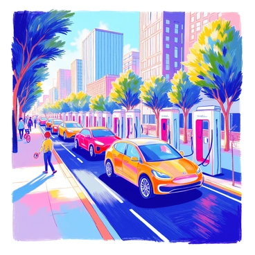 A busy row of electric vehicle charging stations is set up along a bustling urban street. Each charging station features a sleek design with vibrant, illuminated displays showing charging status. Various electric vehicles, including sedans and SUVs, are parked at the stations, with their charging cables connected. In the background, modern skyscrapers rise against the sky, reflecting sunlight. Pedestrians walk along the sidewalk, some glancing at the charging stations, while bicycle lanes run parallel to the street. Lush green trees line the road, adding a touch of nature to the city scene.