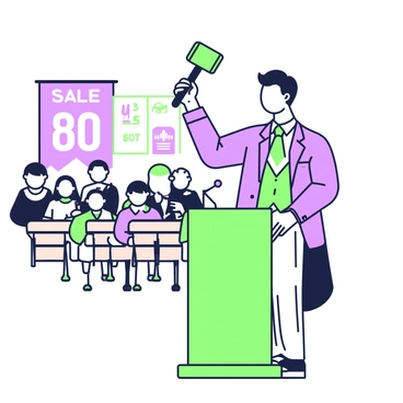 An auctioneer stands at a podium, holding a gavel high in his right hand, preparing to announce the next bid. He is dressed in a sharp suit with a tie, exuding confidence as he looks out towards the audience. The auction room is filled with wooden chairs arranged in rows, with attendees eagerly watching. In the background, a large display board shows the current bid amount and item for sale, illuminated under focused lighting. The auctioneer's left hand is positioned on the podium, adding to his authoritative stance.