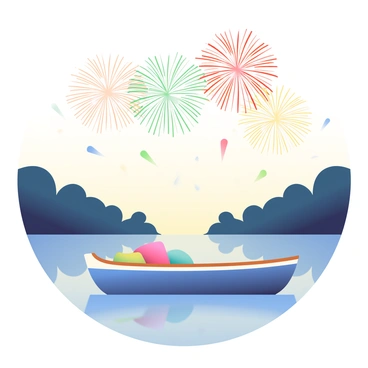 A small wooden boat is floating gently on a calm river. The boat has a deep blue color with white accents and is filled with a couple of colorful cushions. The water's surface reflects the vibrant colors of the fireworks that are bursting overhead. The sky is filled with an explosion of bright reds, greens, and golds as the fireworks light up the night. The riverbank is lined with dark silhouettes of trees, creating a contrast against the bright display in the sky. The atmosphere is lively as the reflections of the fireworks shimmer on the water's surface.