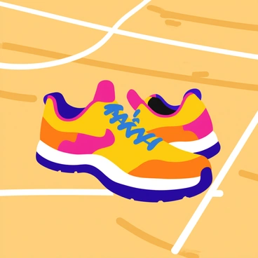 A detailed close-up of stylish basketball sneakers featuring vibrant colors and unique patterns. The sneakers have a sleek design with angular shapes and bright accents. The laces are tightly tied, creating a secure fit, and the soles are textured for grip. The hardwood court below has a warm, polished finish with visible wood grain, adding contrast to the sneakers. The background includes faint markings of the court lines, enhancing the focus on the footwear.