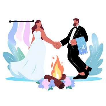 A bride in a flowing white gown is holding the hand of a groom in a classic black tuxedo. They are walking around a sacred fire that is surrounded by vibrant flower arrangements. The fire emits warm, flickering flames that illuminate the scene. The bride's gown trails elegantly behind her, while the groom holds a decorative shawl over his arm. Colorful fabric drapes are hung nearby, adding texture and richness to the atmosphere. In the background, a serene setting with lush greenery complements the scene.