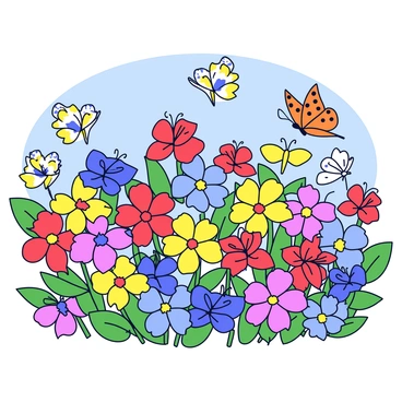 A garden filled with a variety of colorful flowers in shades of red, yellow, blue, and purple. The flowers have different shapes and sizes, attracting numerous species of butterflies. Some butterflies are orange with black spots, while others are yellow with blue patterns. In the background, there are green leaves and a clear blue sky. The butterflies are fluttering around the flowers, resting on petals, and drinking nectar.