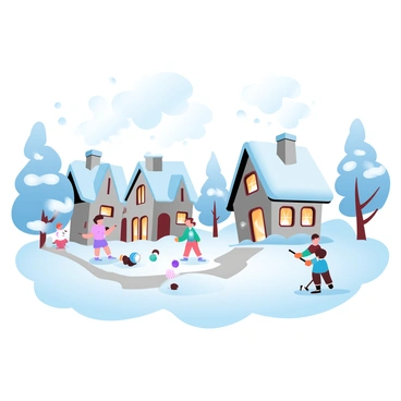 A quaint village covered in a thick layer of snow creates a picturesque winter scene. Charming cottages with sloped roofs are visible, their windows emitting a warm glow. Children in colorful winter clothing are outside, building snowmen and having snowball fights. Smoke is wafting from chimneys, adding to the cozy atmosphere. Snow-dusted trees are scattered throughout the village, enhancing the peacefulness of the setting. A gentle snowfall is occurring, adding to the enchanting winter ambiance.