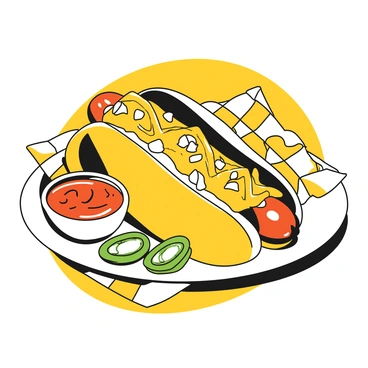 A classic hot dog on a poppy seed bun is placed on a white plate. The hot dog is topped with yellow mustard, diced onions, and slices of tomatoes. Green pickle spears and sport peppers are arranged next to the hot dog. A small bowl containing ketchup sits beside the plate, and a checkered napkin adds a contrasting element to the scene.