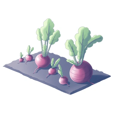 An illustrated depiction of a garden bed showcasing "beets in various stages of growth". In the foreground, small sprouts emerge from the soil, indicating the early stage of growth. As the eye moves back, medium-sized beets with vibrant green leaves can be seen, their tops bursting forth from the earth. In the background, larger beets are fully developed, showcasing their round shapes and deep ridged roots just above the soil. The scene captures the gradual progression of growth from tiny seedlings to mature vegetables, reflecting the transition of the seasons.