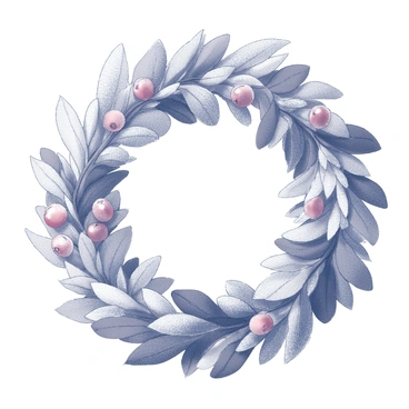 A circular wreath crafted from an assortment of winter foliage. The wreath is adorned with "frosted cranberries" interspersed among the leaves. The edges of the leaves and cranberries are "dusty with snow," suggesting a fresh winter scene. The overall composition conveys a sense of seasonal charm and natural beauty.
