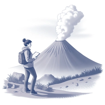 A woman stands on solid ground, gazing intently at a large volcano that emits thick clouds of steam and ash. She is dressed in a practical outfit suitable for outdoor exploration, including a sturdy jacket and durable boots. In her hands, she holds a notebook open, with a pen poised to take notes. Her expression reflects focus and curiosity as she documents her observations. The landscape around her is rugged, with rocky terrain leading to the base of the volcano, and sparse vegetation scattered throughout. The sky above is filled with swirling clouds, and the volcano's summit is partially obscured by smoke.