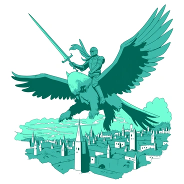 A teal brave knight in shining armor is riding a majestic griffin high above a sprawling medieval city. The griffin has impressive wings spread wide, showcasing its powerful feathered limbs. Below, the city is filled with stone buildings, narrow winding streets, and tall towers, creating a bustling atmosphere. The knight holds a gleaming sword raised high, reflecting the sunlight. The griffin's fierce gaze is fixed ahead, as they soar over the vibrant rooftops of the medieval city.