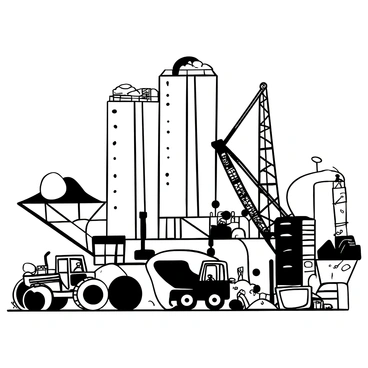 A large industrial site featuring towering concrete silos, meticulously detailed with textures and shadows. Various pieces of heavy machinery are positioned around the silos, including a crane lifting materials and a bulldozer in the foreground. Pipes and conveyor belts are visible, connecting different parts of the site. The scene is filled with dynamic activity, showcasing workers operating the machinery and transporting materials. The background includes a distant view of additional structures and equipment, emphasizing the vastness of the industrial environment.