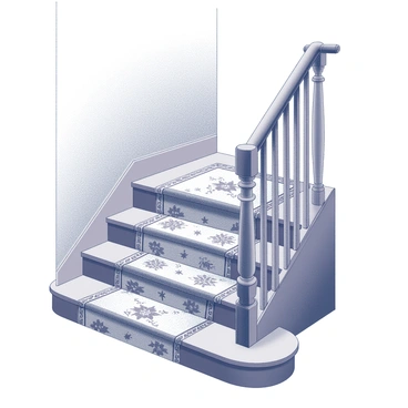 A staircase with multiple steps leading upwards. The staircase features elegant wooden railings on both sides. A beautifully patterned tapis runner stretches down the center of the steps, showcasing intricate designs that enhance the overall appearance. The runner is neatly laid on the staircase, creating a sense of sophistication and warmth in the home environment. The walls adjacent to the staircase are adorned with simple decor, complementing the elegance of the tapis runner.