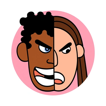 A close-up of a face divided into two halves. The left half displays an aggressive expression, featuring sharp features, furrowed brows, and intense light blue eyes. The skin tone is tan, and the hair is dark and tousled. The right half shows a gentle expression with soft features, relaxed brows, and warm brown eyes. The skin on this side is a light peach color, and the hair is straight and light brown. The two halves seamlessly merge in the center, creating a striking contrast between the fierce and the calm. The background is a soft gradient that enhances the facial features.