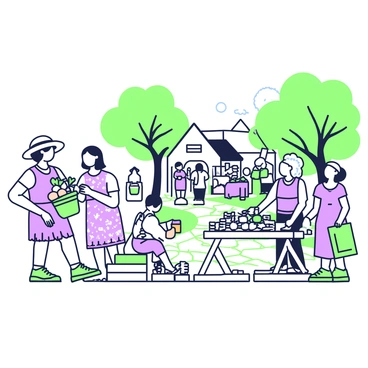 A quaint village scene is unfolding in a bustling marketplace. On the left, a man with a straw hat is handing a basket filled with vegetables to a woman wearing a floral dress; she is offering him a jar of honey in return. Nearby, a child is sitting on a wooden crate, playing with a small wooden toy. Further down the path, an elderly woman is displaying handmade crafts on a woven blanket, while a group of villagers gathers around, showcasing various goods. Trees with lush foliage are lining the cobblestone street, and small cottages with thatched roofs can be seen in the background, adding charm to the environment.