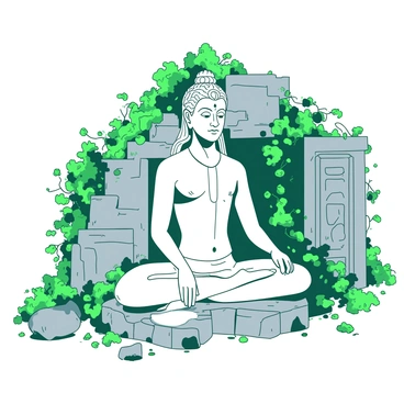 A large white Adiyogi statue is prominently positioned among ancient stone ruins, which are partially covered in green overgrown vines. The statue is intricately detailed, showcasing the serene expression and posture of Adiyogi. Surrounding the statue, the weathered stones display various carved designs, hinting at the historical significance of the site. The lush vines entwine around the ruins, adding a touch of nature's reclamation to the scene, with sunlight filtering through the leaves, creating soft shadows on the ground.