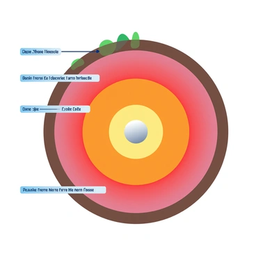 A detailed cross-section of the Earth showcases various geological layers beneath the surface. At the top, the "crust" is portrayed with a textured appearance, featuring shades of brown and green to represent soil and rock. Beneath it, the "mantle" is illustrated in vibrant orange and red tones, depicting molten rock and semi-solid materials. Below the mantle, the "outer core" is represented in a shimmering gold color, indicating liquid iron and nickel. Finally, the "inner core" at the center is shown in a solid, bright silver hue, representing the Earth's solid metal center. Each layer is clearly defined, with labels for "crust," "mantle," "outer core," and "inner core" positioned alongside the respective layers.